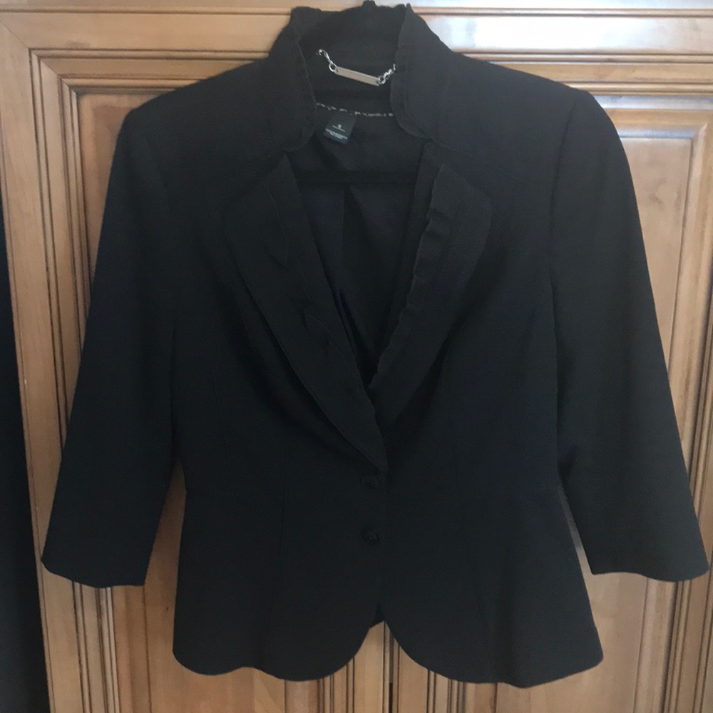 Black whom suit jacket, ruffled collar, 3/4 sleeve